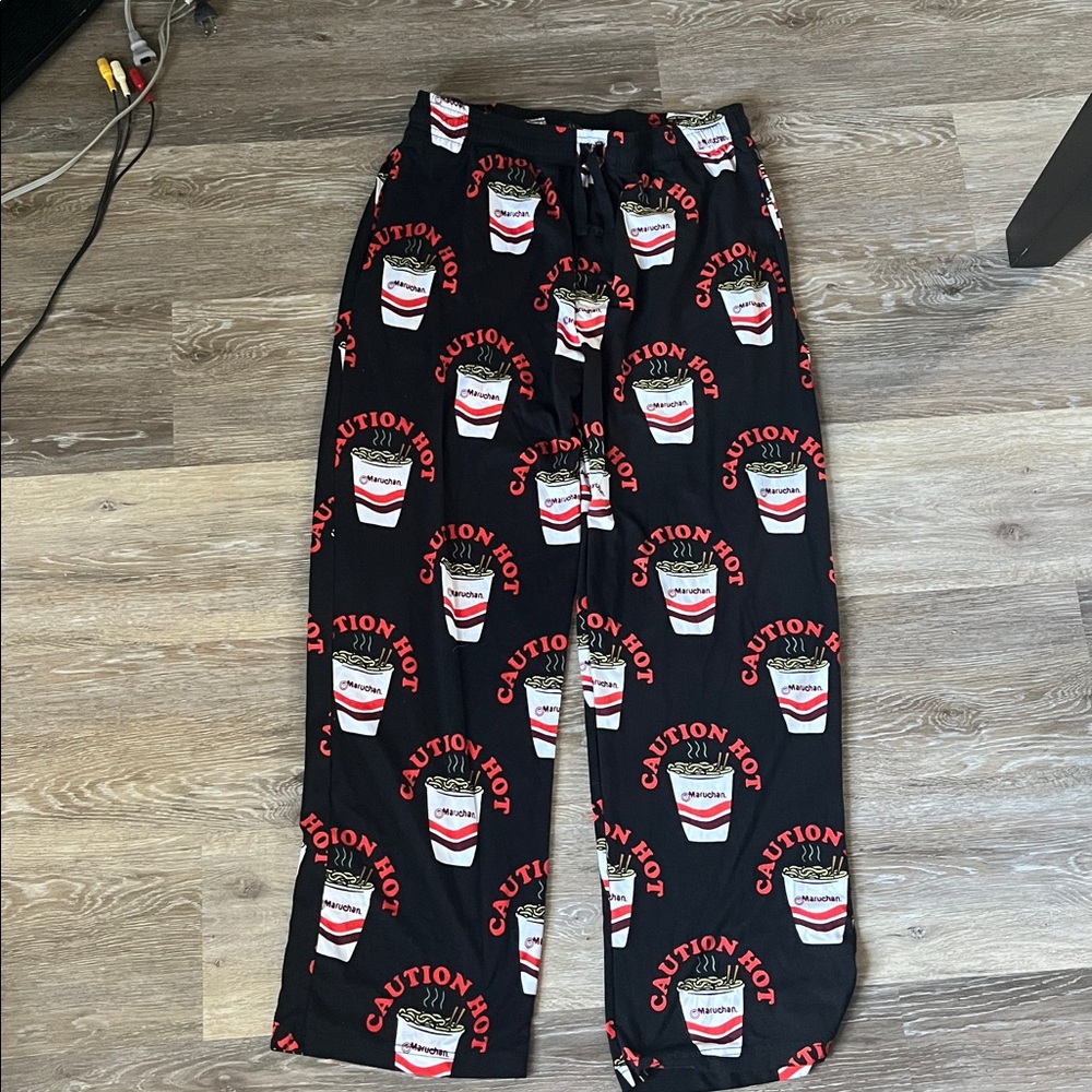 Maruchan Caution Hot Noodles Lounge Pants Black Ramen Cup Print Unisex Pajamas